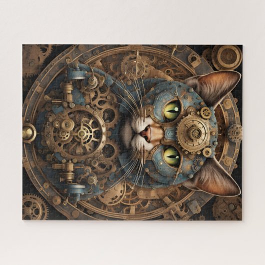 blauwe steampunk kat AI kunst puzzel (Horizontaal)