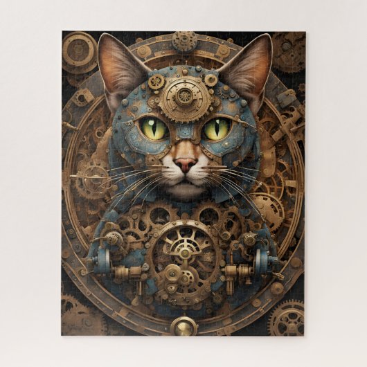 blauwe steampunk kat AI kunst puzzel Legpuzzel (Verticaal)