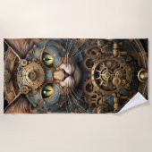 blauwe steampunk kat AI kunst strand handdoek (Voorkant)