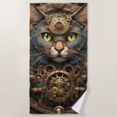 blauwe steampunk kat AI kunst strand handdoek (Voorkant)