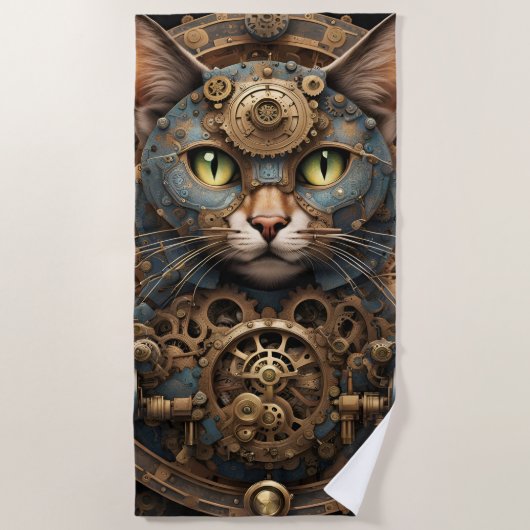 blauwe steampunk kat AI kunst strand handdoek (Voorkant)