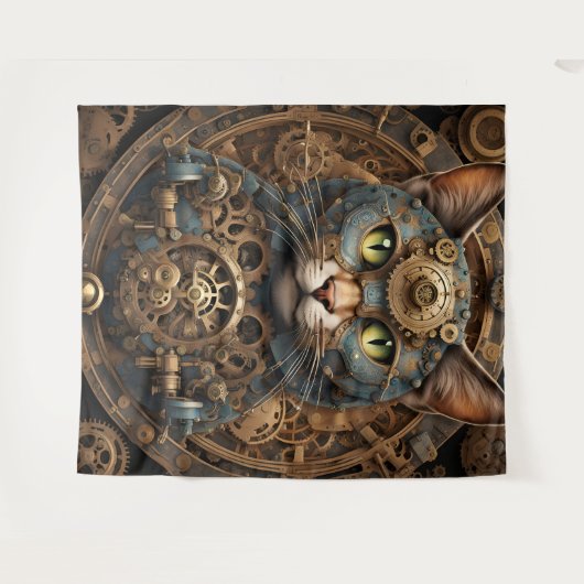 blauwe steampunk kat AI kunst Tapestry Wandkleed (Voorkant (horizontaal))