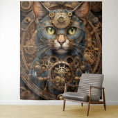 blauwe steampunk kat AI kunst Tapestry Wandkleed (In situ)