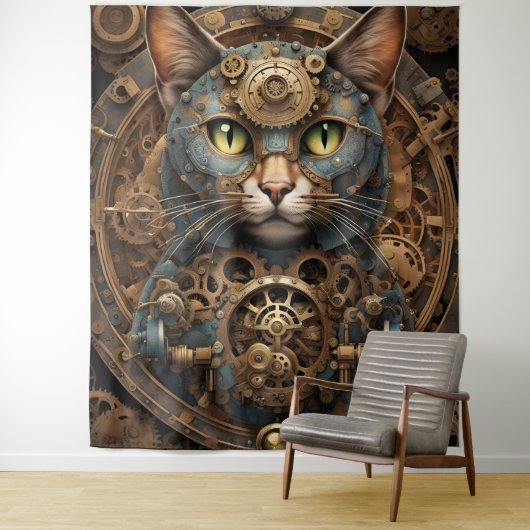 blauwe steampunk kat AI kunst Tapestry Wandkleed (In situ)