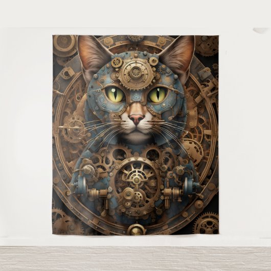 blauwe steampunk kat AI kunst Tapestry Wandkleed (Voorkant)
