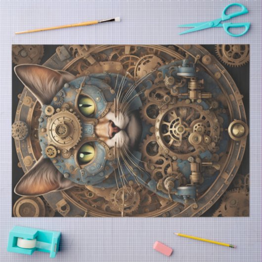 blauwe steampunk kat AI kunst tissue papier (Craft)
