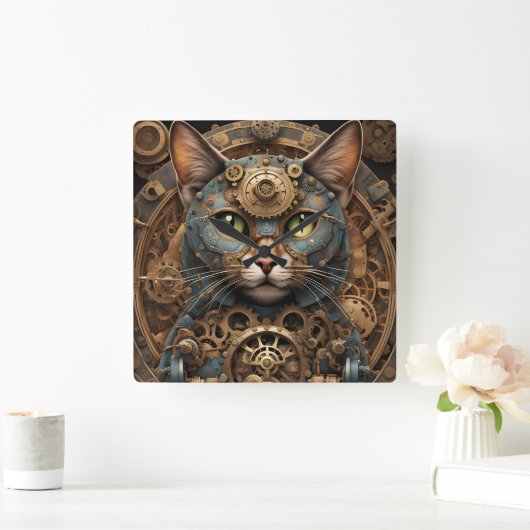 blauwe steampunk kat AI kunst Vierkante Wandklok (Huis)
