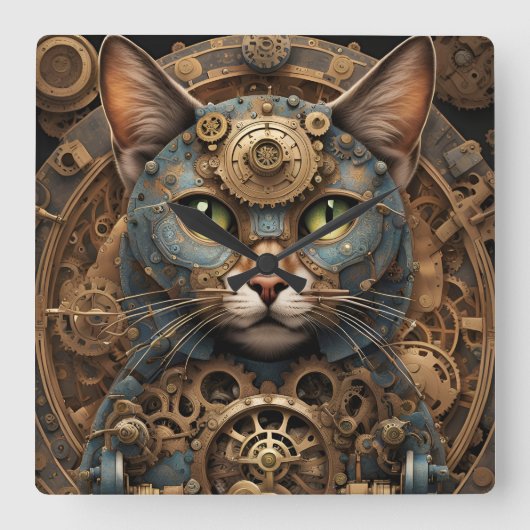 blauwe steampunk kat AI kunst Vierkante Wandklok (Voorkant)