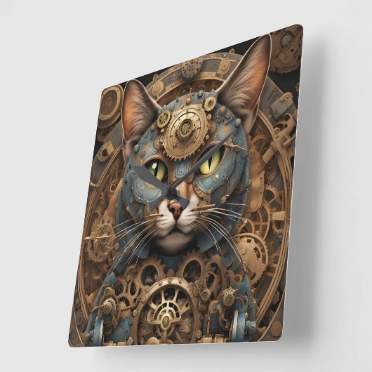 blauwe steampunk kat AI kunst Vierkante Wandklok (Hoek)