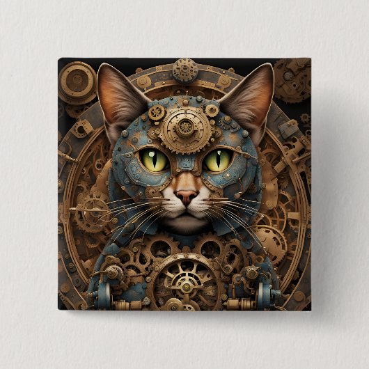 blauwe steampunk kat AI kunstknop Vierkante Button 5,1 Cm (Voorkant)