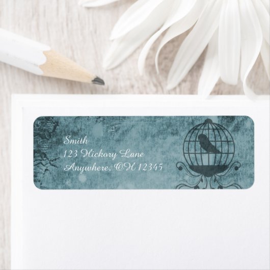 Blauwe Steampunk Vogelkooi Retouradres Labels (Insitu)