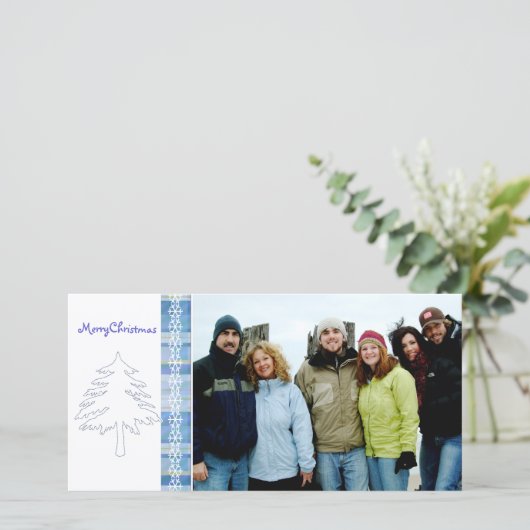 Blauwe stekelboom en snowflake kerst feestdagenkaart (Staand voorkant)