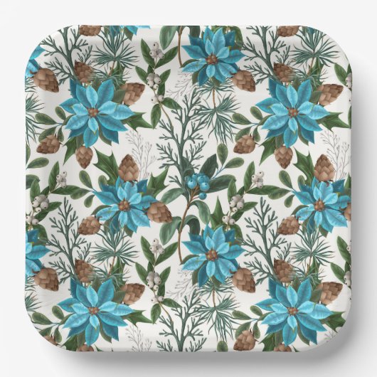 Blauwe stekels en pijnbomen papieren bordje (Voorkant)