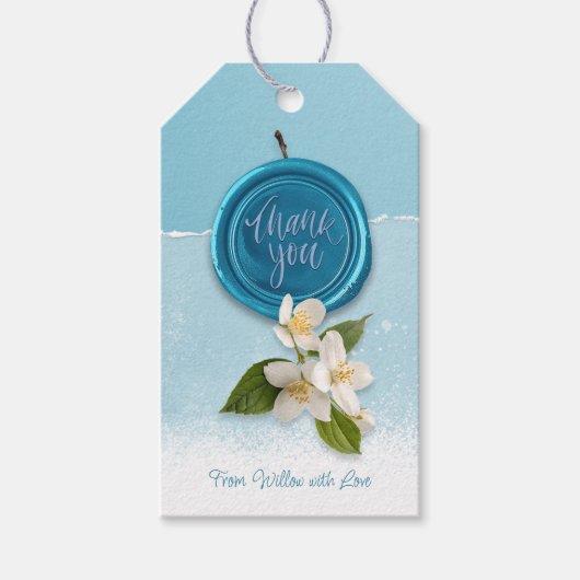 Blauwe Stempel met Witte Bloemen Dank U Cadeaulabel (Voorkant)