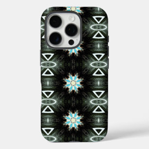 blauwe ster-burst geometrisch op zwart iPhone 16 pro hoesje