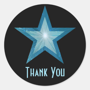 Blauwe ster "Dank u", ronde sticker zwart