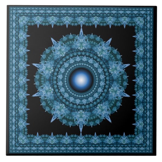 Blauwe ster fractal omlijst ornament tegeltje (Voorkant)