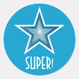 Blauwe ster 'SUPER', rond sticker blauw