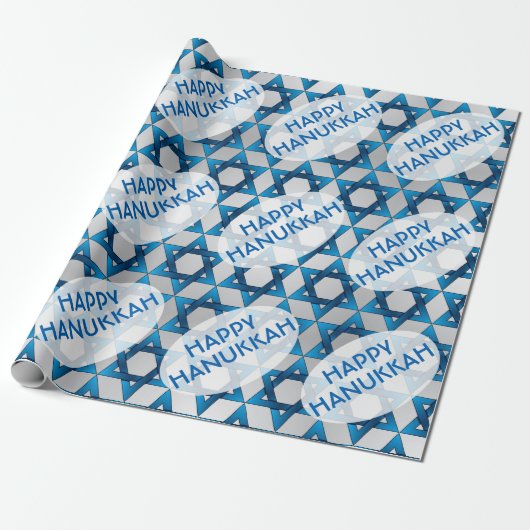Blauwe ster van David Pattern / Happy Hanukkah Cadeaupapier (Uitgerold)
