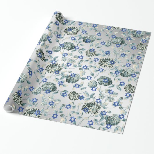 Blauwe ster van David Silver Green Floral Toile Cadeaupapier (Uitgerold)
