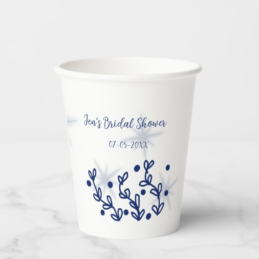 Blauwe sterren bladeren royale luxe bruidsfeest papieren bekers (Voorkant)