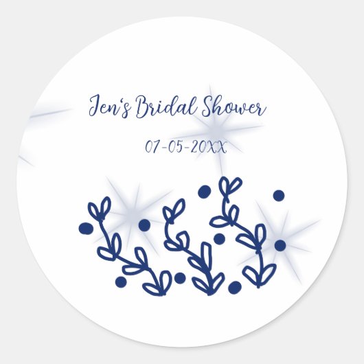 Blauwe sterren bladeren royale luxe bruidsfeest ronde sticker (Voorkant)