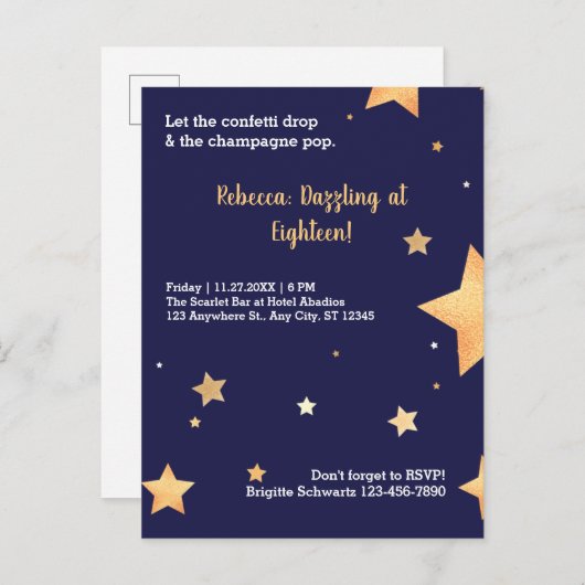 Blauwe sterren glinsteren en goud verblindende ver uitnodiging briefkaart (Voorkant / Achterkant)