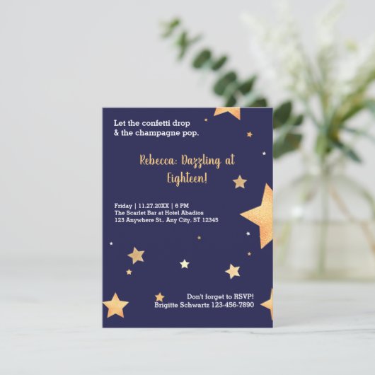 Blauwe sterren glitter en gouden verbijsterende ve kaart (Staand voorkant)