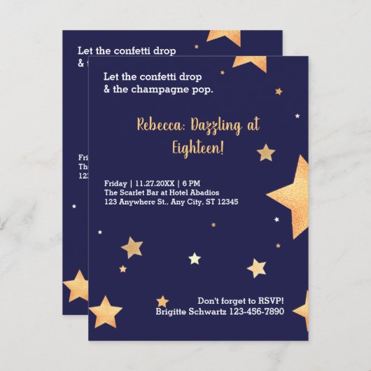 Blauwe sterren glitter en gouden verbijsterende ve kaart (Voorkant / Achterkant)