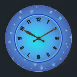 Blauwe sterren grote klok<br><div class="desc">10, 75-inch ronde acrylklok met een afbeelding lichtblauwe sterren op lichtblauw. Eenvoudig leesbaar klokgezicht op een lichtgevende baan met een donkerblauwe en lichtblauwe rand. Zie het volledige collectie van de Klok Hanukkah onder de categorie van het Huis in de sectie van FEESTDAGEN.</div>