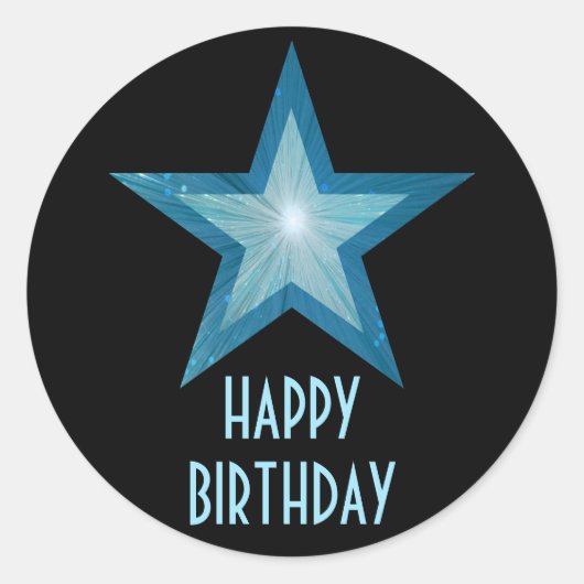Blauwe sterren "Happy Birthday"-ronde sticker zwar (Voorkant)