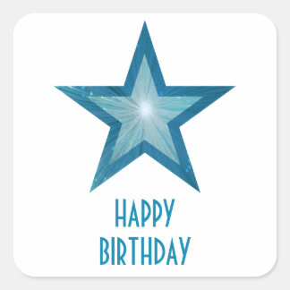 Blauwe sterren "Happy Birthday"-vierkante sticker 