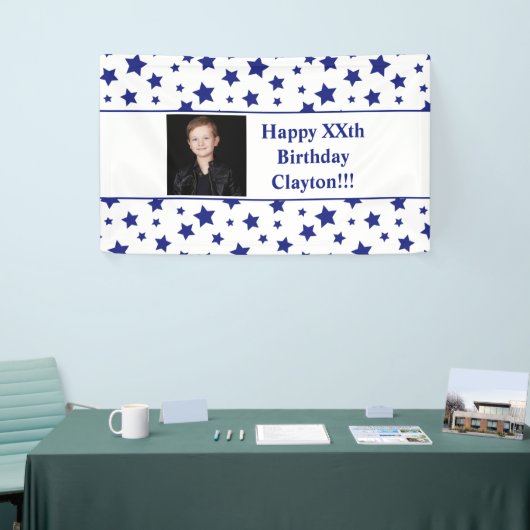 Blauwe sterren met Banner Banner voor de foto's (Beurs)