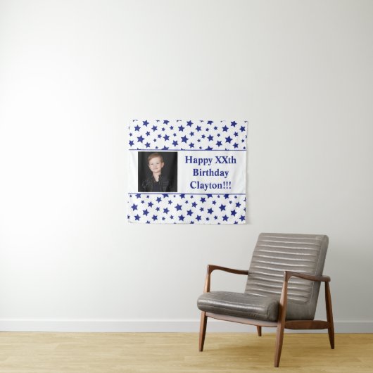 Blauwe sterren met berichtfoto op zaterdag wandkleed (In Situ (horizontaal))