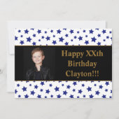 Blauwe sterren met berichtfoto van Birthday Party Kaart (Voorkant)