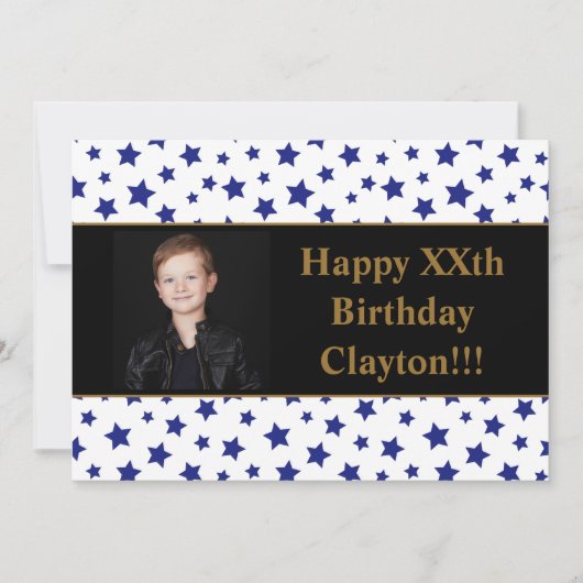 Blauwe sterren met berichtfoto van Birthday Party Kaart (Voorkant)
