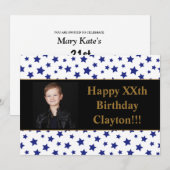 Blauwe sterren met berichtfoto van Birthday Party Kaart (Voorkant / Achterkant)