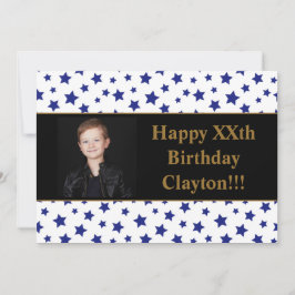 Blauwe sterren met berichtfoto van Birthday Party Kaart