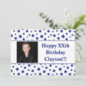 Blauwe sterren met berichtfoto van Birthday Party Kaart (Staand voorkant)