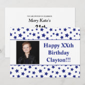 Blauwe sterren met berichtfoto van Birthday Party Kaart (Voorkant / Achterkant)