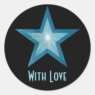 Blauwe sterren met liefde, ronde sticker zwart