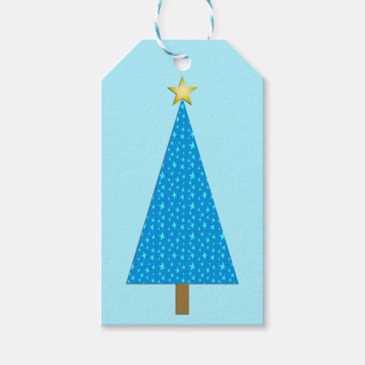 Blauwe sterren moderne kerstboom cadeaulabel (Voorkant)