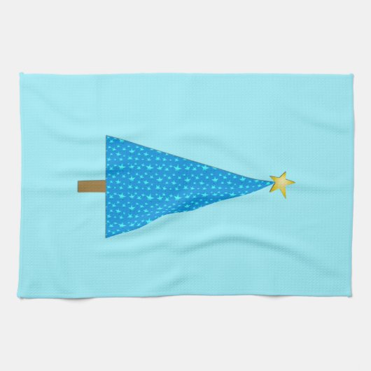 Blauwe sterren moderne kerstboom theedoek (Horizontaal)