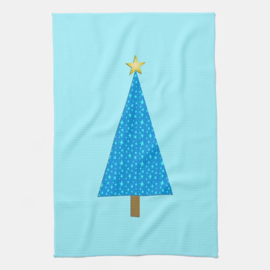 Blauwe sterren moderne kerstboom theedoek (Verticaal)