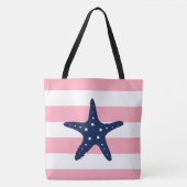 Blauwe sterren op roze strepen tote bag (Voorkant)