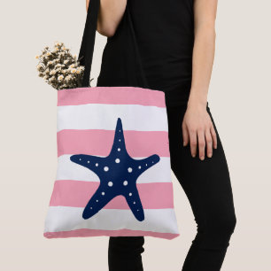 Blauwe sterren op roze strepen tote bag