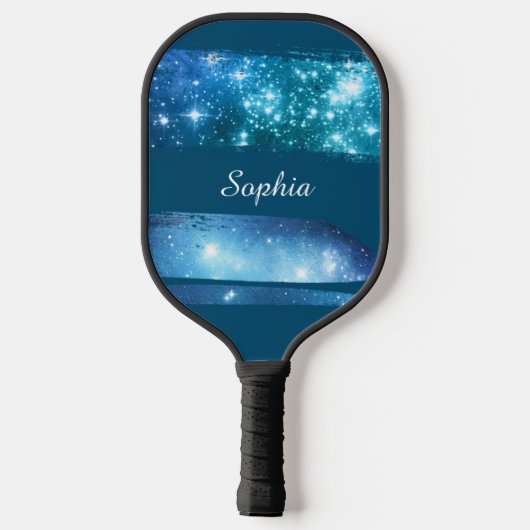 Blauwe sterren penseelstreken, witte scriptnaam, b pickleball paddle (Achterkant)