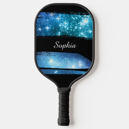 Blauwe sterren penseelstreken, witte scriptnaam pickleball paddle (Achterkant)