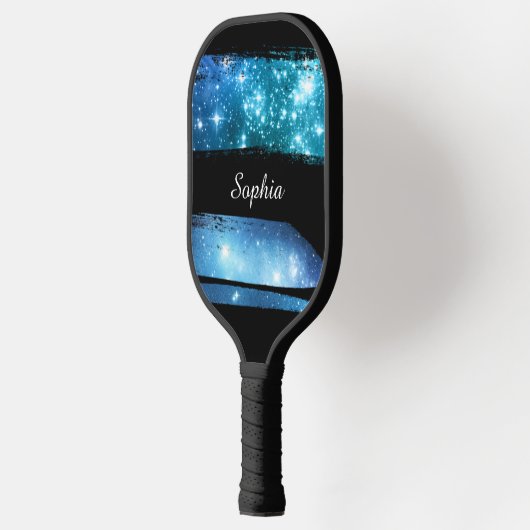 Blauwe sterren penseelstreken, witte scriptnaam pickleball paddle (Links)