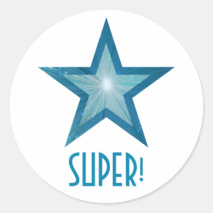 Blauwe sterren 'SUPER', ronde sticker wit